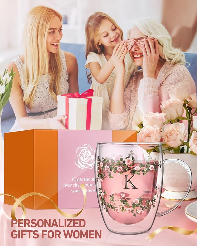 Initial Glass Cup for Women, 12oz Rose Double Walled Glass Coffee Mugs, Personalized Gifts for Women, Initial Coffee Tea Mug with Scarf, Birthday Wedding Gifts for Mom Teacher (ROSE-L)