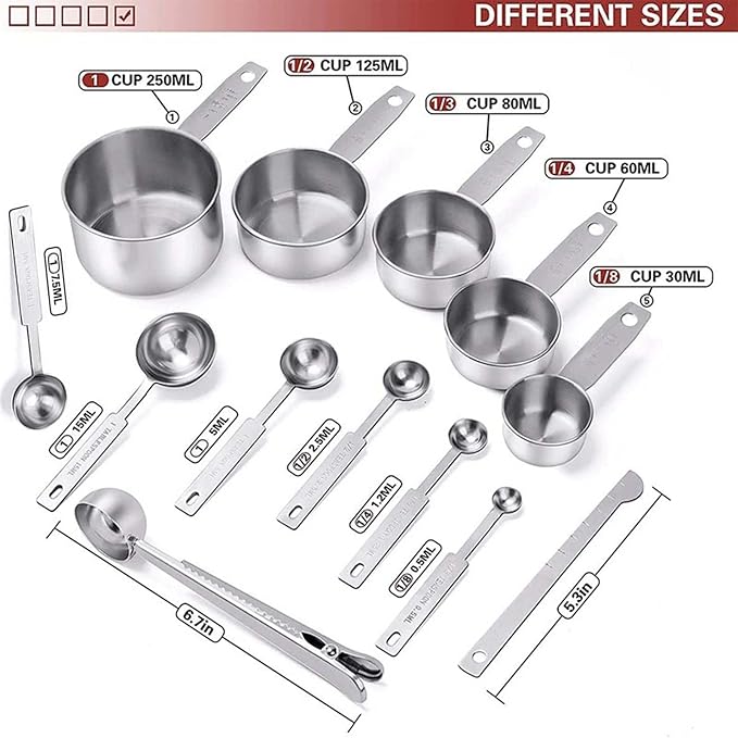 14pcs Measuring Spoons And Measuring Cups Set, Stainless Steel Measuring Cups And Spoons Set, 7 Spoons & 5 Measuring Spoons Measuring Rod & Funnels, Kitchen Gadgets Essentials Tools