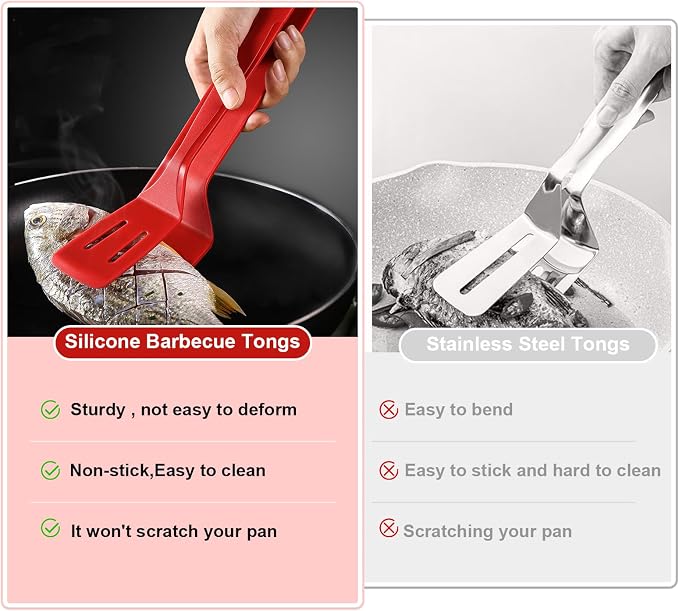 Silicone Cooking Tongs, Premium Stainless Steel Silicone Barbecue Clamp, Multipurpose BBQ Clamp Spatula for Gripper Bread Clip, Fried Steak Clamp, Flipping Fish, Toast Salad Tongs, Red（11 Inch）