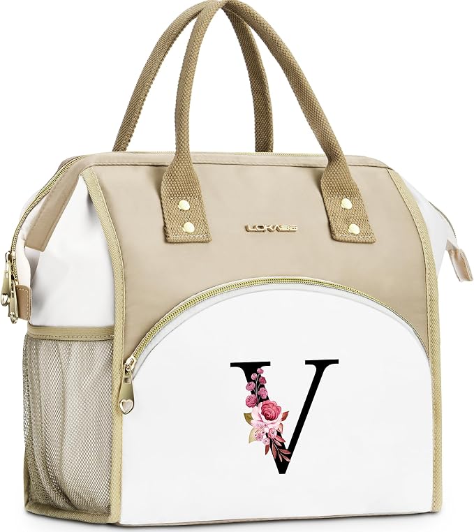 Initial Lunch Bag Women, Cooler Insulated Lunch Bag, Large Adult Leakproof Lunch Box for Picnic Work, Personalized Tote Bag, Birthday Gifts/Mother's Day Gifts, Letter V.