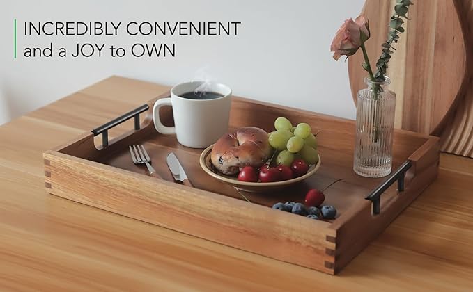 Joy&Grace Ottoman Tray for Living Room, Large Acacia Wooden Serving Tray with Handles for Coffee Table, Breakfast in Bed, Food Dinner, Decorative Tray (Color Natural, 16.7" x 12.8" x 2")