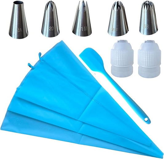 11-Piece Piping Bags and Tips Set, 3 Reusable Silicone Pastry Bags (18″ & 16″), 5 Stainless Steel Icing Tips, 2 Large Couplers, Mini Spatula for Cake Decorating