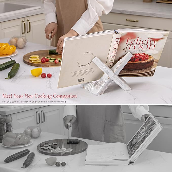 Cookbook Stand, Wooden Recipe Book Holder, Cook Book Stand for Kitchen Counter, Multifunctional Display Stand, Kitchen Counter Decor - White
