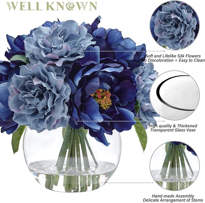 WELL KNOWN Artificial Blue Peonies Flowers in Vase with Faux Water, Silk Fake Flower Arrangements for Spring Home Dining Coffee Table Decor Wedding Party Centerpieces & Mom's Birthday Gift