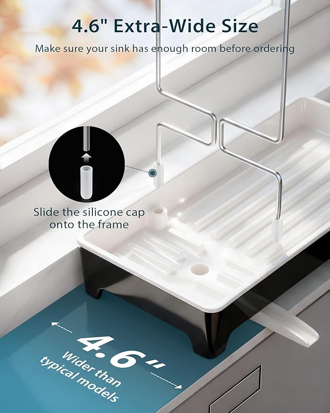 Minimalist Sink Caddy, Rustproof Sponge Holder for Kitchen Sink with 304 Stainless-Steel Brush Holder, Countertop Rack Organizer with Raised Ridges & Silicone Drain Tube (Black, Large)