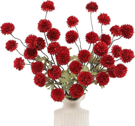 DuHouse 6pcs Artificial Flowers Faux Silk Pompon Mum,Silk Small Mini Chrysanthemum Ball with Stems for DIY Bouquets Centerpieces Vase Home Table Kitchen Decorations(Dark Red)