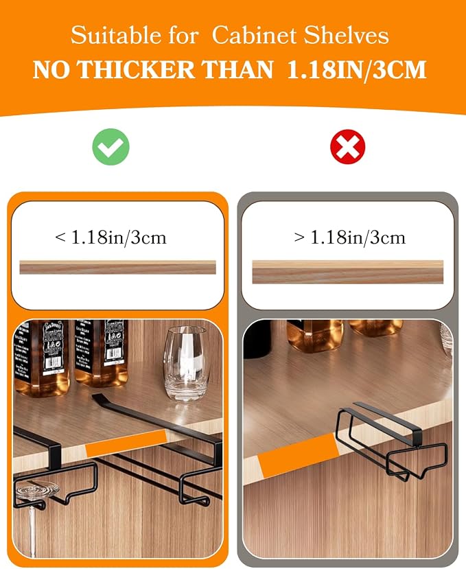 LINFIDITE Wine Glass Holder 2PCS Stemware Rack Hanger Under Cabinet Wine Glass Rack Kitchen Hanging Storage Rack Organizer,Black (For Partition Thickness under 1.18")