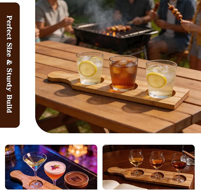 Flight Board, Bamboo Drink Flight Boards (6 Pack), 3-Hole Handheld Paddle Serving Tray for Beer, Wine, Whiskey Tasting, 15.35 × 3.15 Inch Individual Display Stand