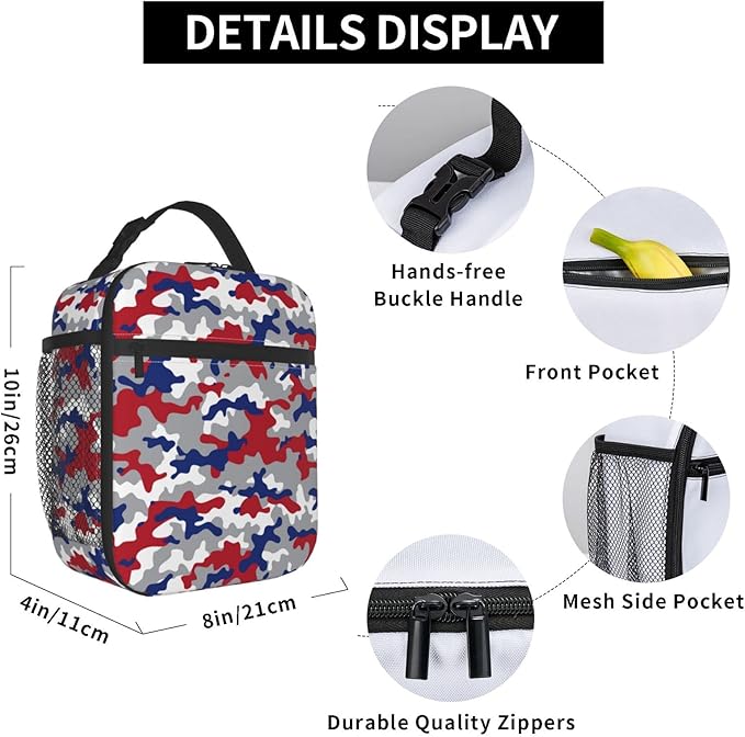 Gianlaima Camo Camouflage Red Blue Insulated Lunch Box For Women Man, Portable Lunch Bag Reusable Cooler Tote For Office Work Travel Picnic Camping Beach