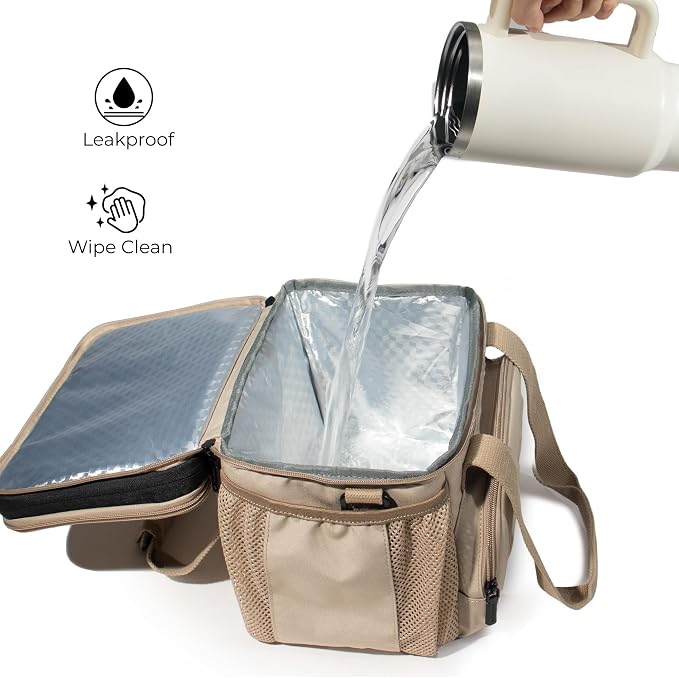 Dual Compartment Lunch Bag, 12L Insulated Leakproof Lunch Box, 13 Can Capacity (Oatmeal Beige)