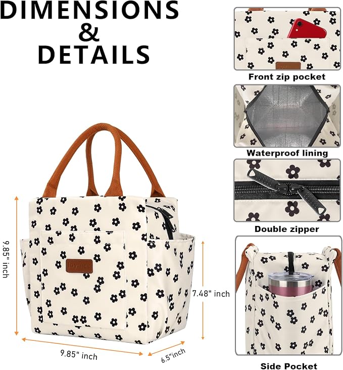 Joymee Insulated Lunch Box for Women Reusable Lunch Bag-Black Little Floral | Spacious Storage, Bottle Holder & Pockets, Leakproof Insulated, for Work, Travel, Picnic, Daily Use, for Adult