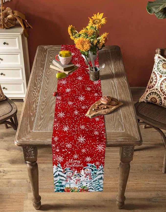 Christmas Table Runner - 120 Inch Long, Snowman Dining Tablerunner Xmas Tree Kitchen Dresser Scarves, Winter Snowflake Farmhouse Red Merry Christmas Decor for Coffee Table Wedding Party Banquet