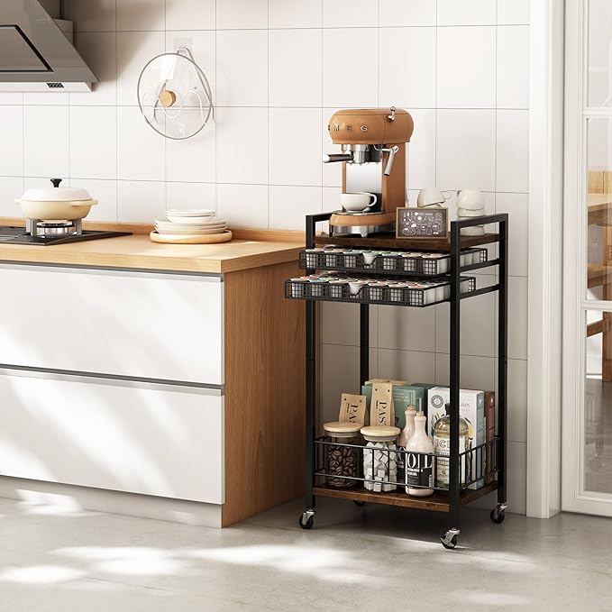 Miratino Coffee Cart Station, 4-Tier Coffee Station Organizer with Lockable Wheels, Coffee Pod Holder Drawer Holds 84 Pods, Coffee Bar Cart for Kitchen, Living Room, Office, Rustic Brown