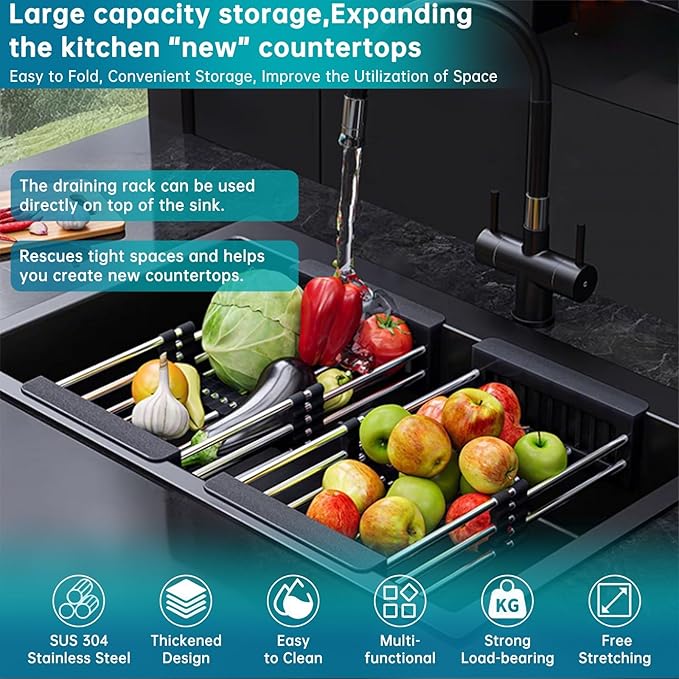 Dish Drying Rack, Stainless Steel Dish Drainer with Adjustable Arms Holder Functional Kitchen Sink Organizer for Vegetable and Fruit, Black Large