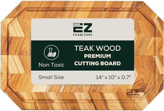 EZ FURNITURE Small (S) Teak Edge Grain Cutting Board, Reversible, Knife-Friendly Charcuterie Wood Cutting Board, Juice Groove & Handles, Non-Toxic, Gift Box Included (Herringbone, 14" x 10" x 0.7")