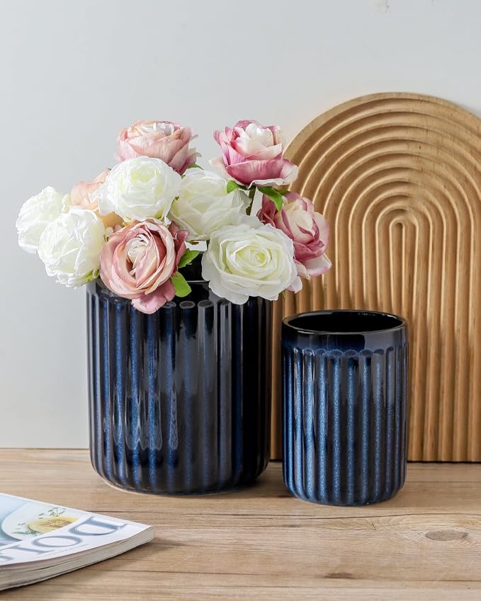 HASENSE Kitchen Utensil Holder,7.3" + 5.7" Cooking Utensil Holder for Kitchen Counter, Large Utensil Crock for Farmhouse Decor, Utensil Storage Organizer for Spatula, Set of 2, Navy Blue