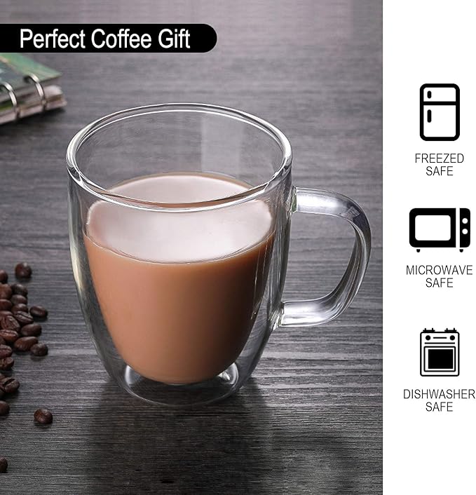 Glass Coffee Mug Double-walled Borosilicate Glass Cup for Hot or Iced Coffee, Milk, Tea (16 Oz Bamboo Lid)
