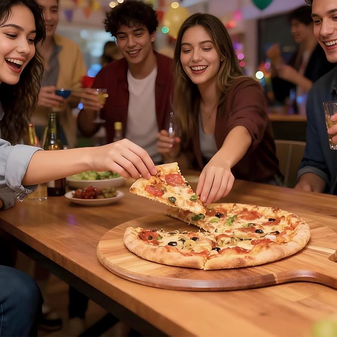 Acacia Wood Pizza Board with Handle, Multi-Purpose Cutting & Charcuterie Board,Wooden Serving Board for Parties, Kitchen Appliances,Pizza Paddle,Gift for Housewarming, Wedding, Holidays