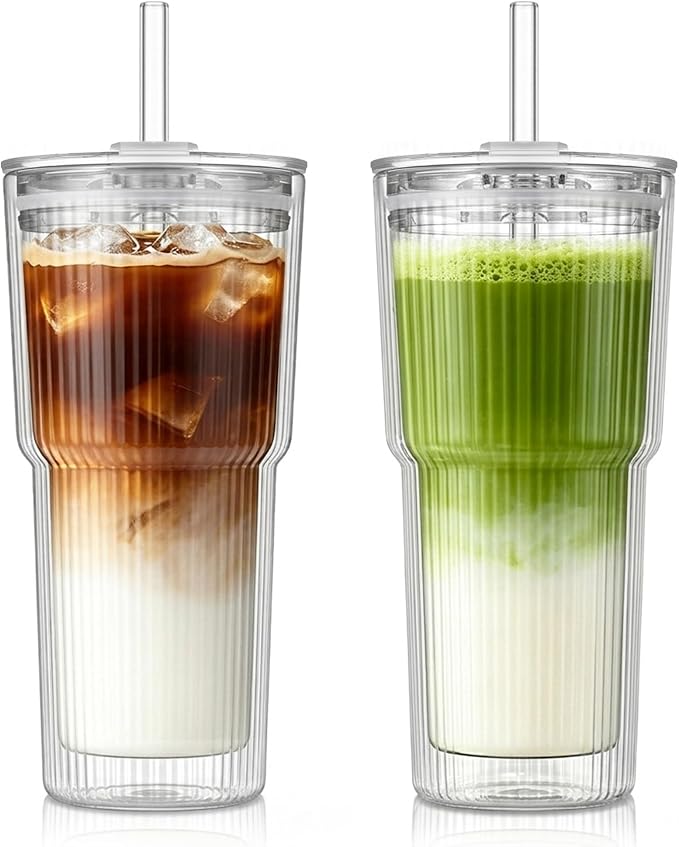 KEMORELA 2PCS 20oz Double Wall Ribbed Glass Cups with Lids and Straws, Insulated Borosilicate Glass Tumblers, Heat-Resistant, leak-proof Design for Iced Coffee, Tea, Juice, Reusable for Home & Parties