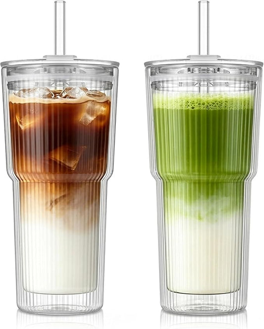 KEMORELA 2PCS 20oz Double Wall Ribbed Glass Cups with Lids and Straws, Insulated Borosilicate Glass Tumblers, Heat-Resistant, leak-proof Design for Iced Coffee, Tea, Juice, Reusable for Home & Parties