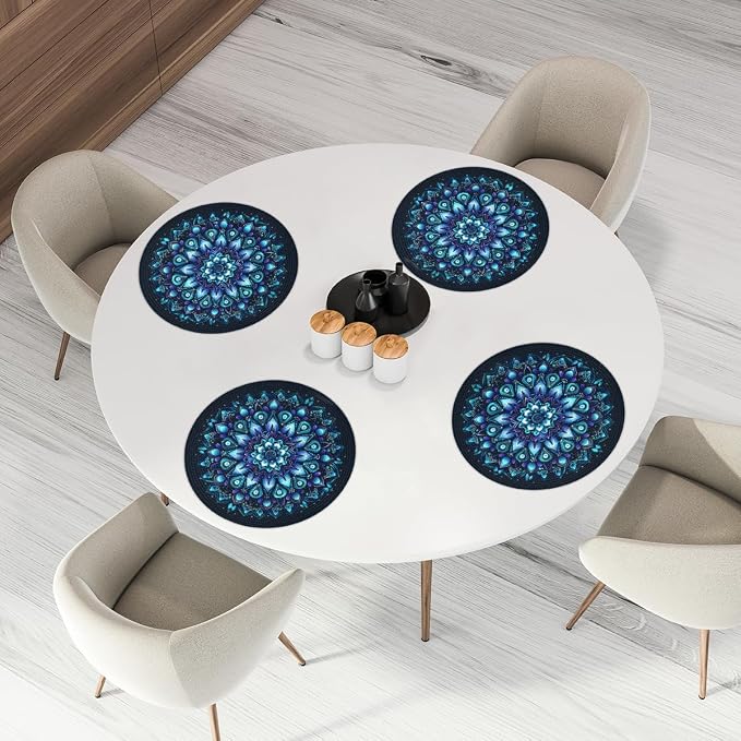 Round Placemats Set of 6, Ethnic Mandala Flower Teal Woven Placemats Mats Non-Slip Heat Resistant Washable Table Mats Round Braided Place for Farmhouse Kitchen Dining Party Decor 15in