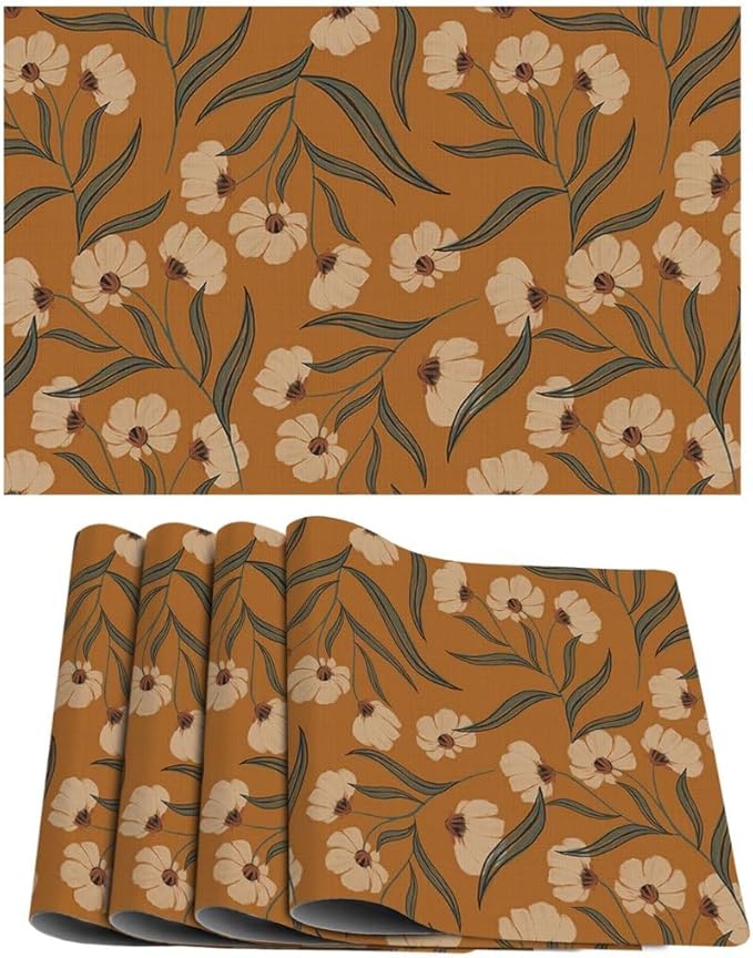 Boho Wildflowers Placemats Set of 4 Rustic Nature Plant Washable Heat Resistant Place Mats for Dining Table Vintage Nature Cottagecore Linen Woven Wipeable Kitchen Table Mats Orange