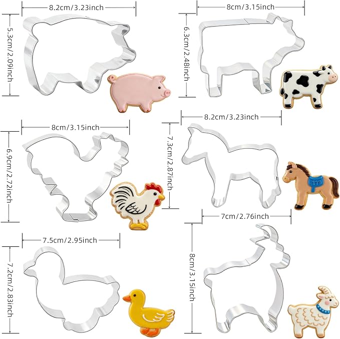 hitsuki Farm Animal Cookie Cutters Set Farm Animal Shapes Stainless Steel Metal Funny Cute Farm Cookie Molds，6Pcs
