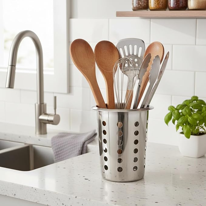Stainless Steel Utensil Crock for Kitchen Countertop, Rust-Resistant Cutlery Holder for Spatulas and Spoons, Easy to Clean Storage Container