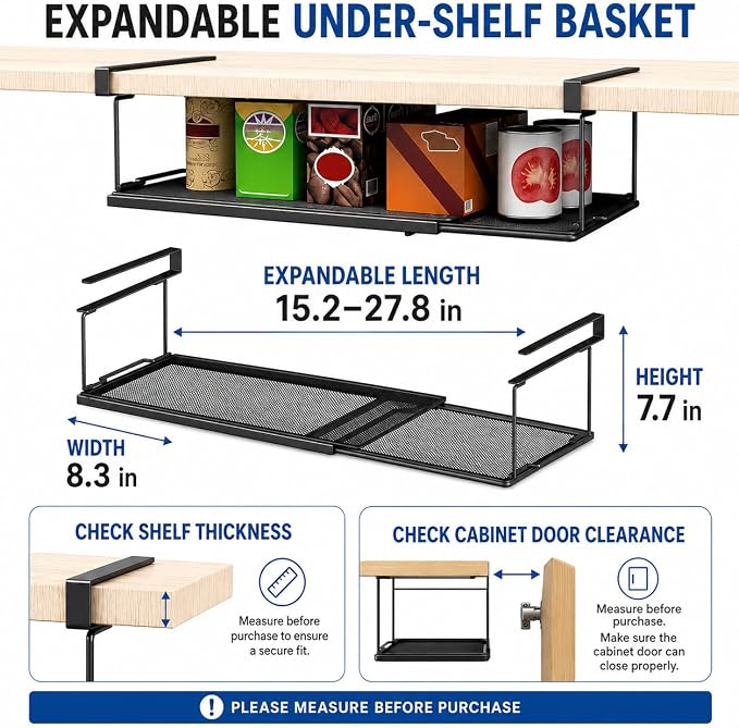 Under Shelf Basket Storage, Expandable Black Metal Cabinet Organizer | Expands 15.2–27.8in Metal Mesh Basket No Drill Installation Under Cabinet Organizer for Kitchen Pantry, Cabinet, Laundry Room