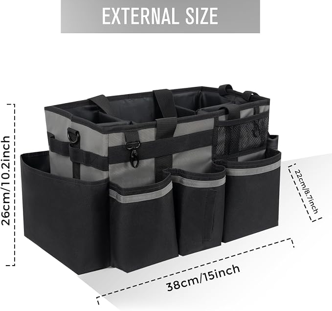 SCAVATA Wearable Cleaning Caddy, Cleaning Caddy Supplies Organizer with Handle & Shoulder Straps for Housekeepers, Under Sink & Car Cleaning Tool Organizers Bag with 4 Foldable Divider (MediumGrey)