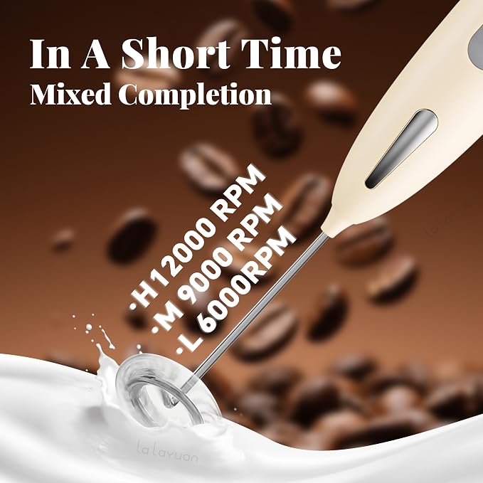Electric Milk Frother, Three speed adjustment, USB Rechargeable Cordless Hand Blender with Sticky Stand Included, 304 stainless steel Egg Beater, Mixed Drinks, Coffee Stirrers (Beige)