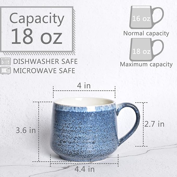 Bosmarlin Large Ceramic Wide Coffee Latte Mug Set of 2, 18 Oz, Blue Big Stoneware Tea Cup for Office and Home, Dishwasher and Microwave Safe (Blue, 2)
