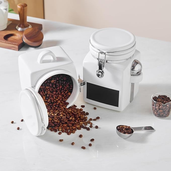 Ceramic Coffee Canister with Airtight Lid and Scoop, Extra Large 148 Fl Oz / 4.4 L Kitchen Food Storage Container Jar for Grounds Coffee, Beans, Tea, Sugar, Flour, Cereal, Nuts, Cookie, White