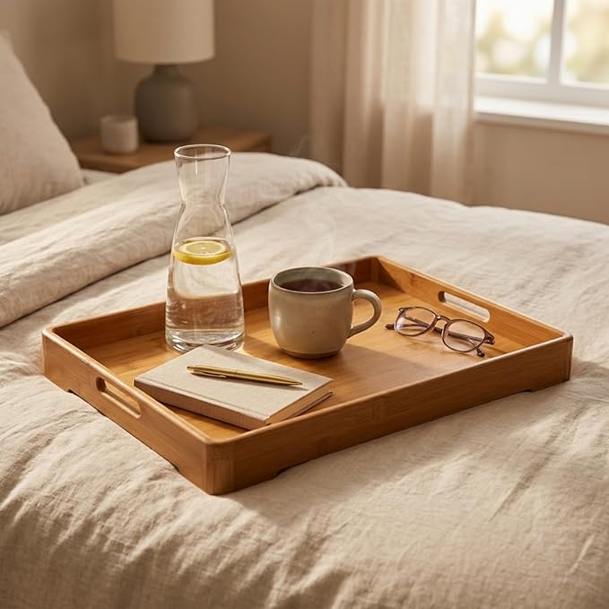 Bamber Large Bamboo Serving Tray Decorative Coffee Tea Platter 18 x 13 x 1.2 Inches