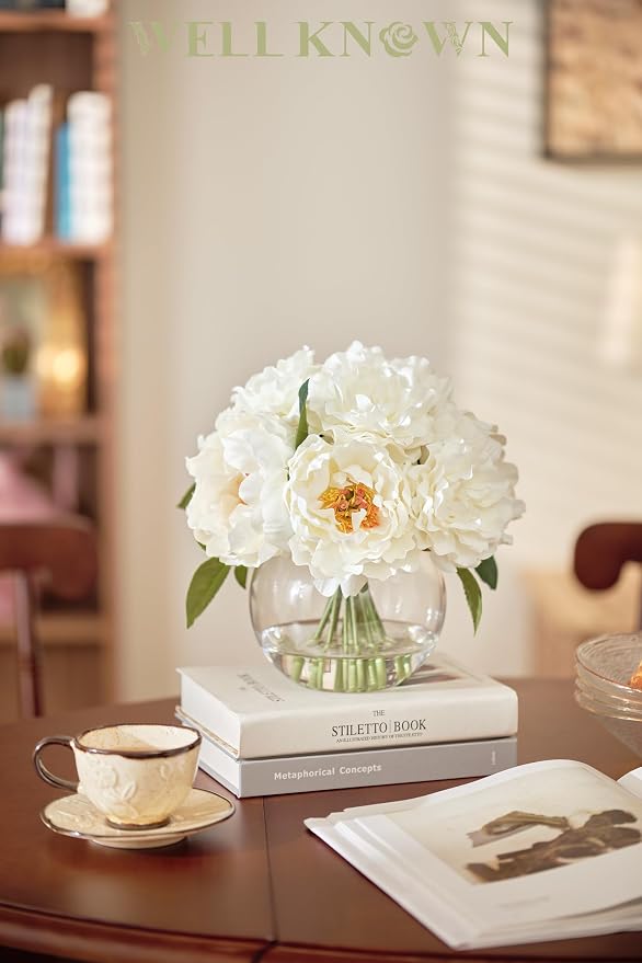 WELL KNOWN Artificial Flowers in Vase, Silk White Peonies Flowers with Glass Vase & Faux Water, Fake Flower Arrangement for Home Table Centerpieces Spring Wedding Party Decor Mom's Birthday Gift