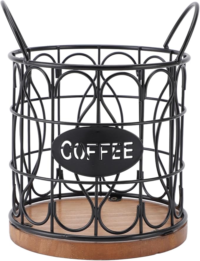 Large Capacity Modern Coffee Basket Coffee Pod Basket Decorative Round Wire Coffee Capsule Holder with Wooden Base for Cafe Kitchen Countertop (Black)