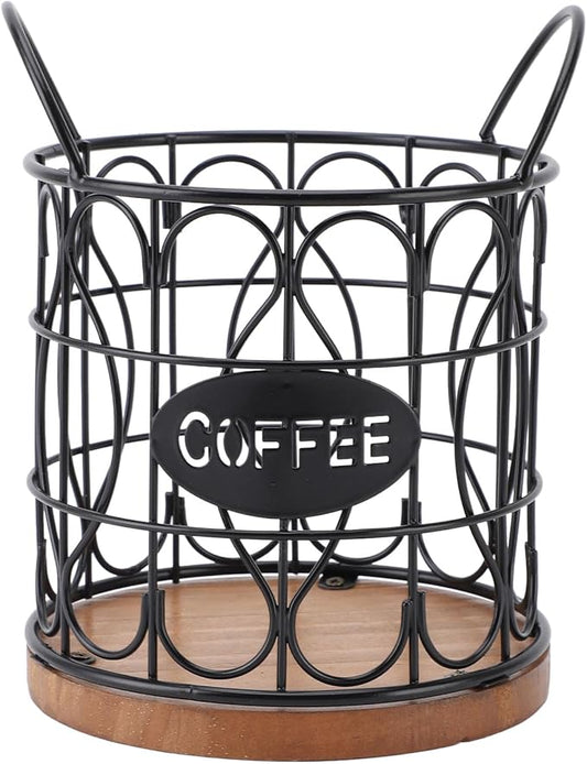 Large Capacity Modern Coffee Basket Coffee Pod Basket Decorative Round Wire Coffee Capsule Holder with Wooden Base for Cafe Kitchen Countertop (Black)