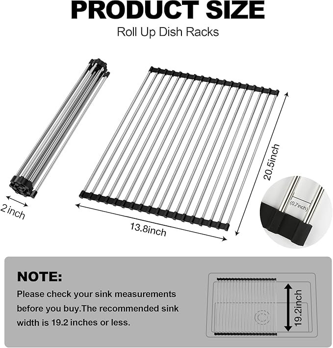 NEZUIBAN Dish Drying Rack with Roll Up and Over Sink for Kitchen,20.5"x13.8",Black