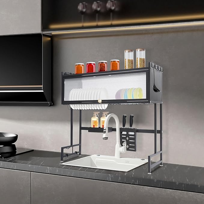 Over The Sink Dish Drying Rack,3 Tier Over The Sink Dish Drainer Drying Rack with Cover, for Kitchen Counter for Dishes, Glasses, Bowls