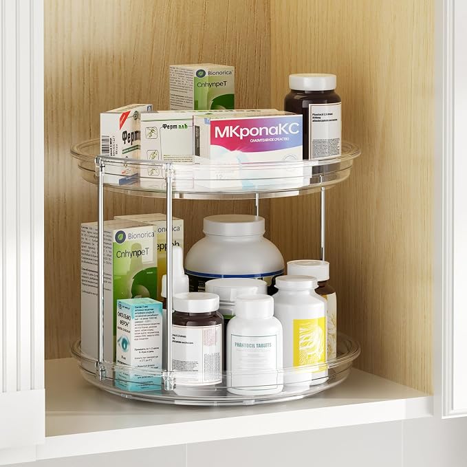 2 Pack 2 Tier Lazy Susan Organizer,10.6 inches Lazy Susan Turntable for Cabinet,Stackable Turntable Organizer Rotating Spice Rack Organization for Kitchen Countertop,Pantry,Bathroom,Clear