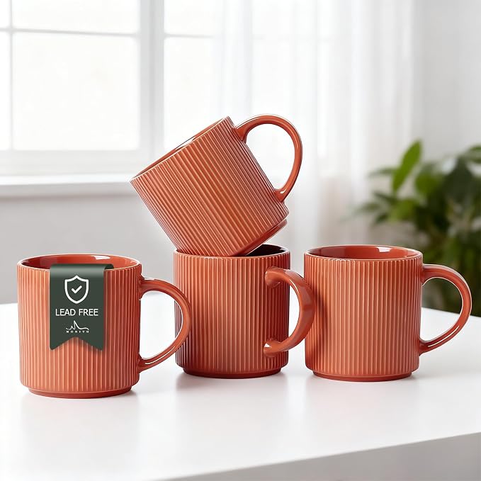MONITO 16Oz Coffee Mugs Set of 4, Rustic Ceramic Coffee Cups Set with Large Handle, Vintage Striped Stoneware Coffee Mugs for Latte, Cocoa, Tea, Milk, Microwave & Dishwasher Safe, BRICK RED