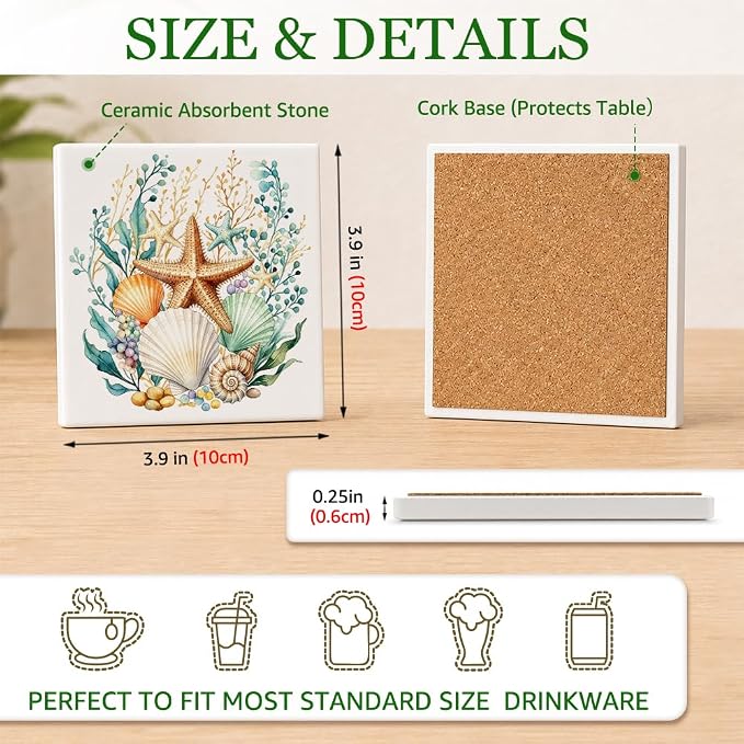 2 Pcs Watercolors Starfish & Seashell Ceramic Coasters, Coastal Square Absorbent Coasters for Cold Drinks Coffee Mug Wine Glasses Cups, Housewarming Gifts for Home Kitchen, Beach House Decor
