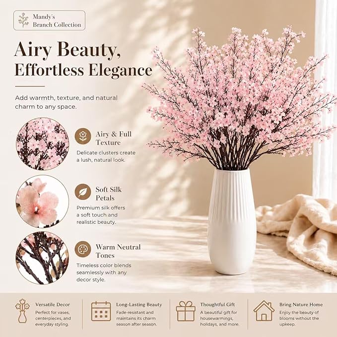 Mandy's Light Pink Artificial Baby’s Breath Flowers 6 Bundles Silk Gypsophila, 18.5 Inch European Style Modern Home Decor Centerpiece, Neutral Wedding Flower Arrangements