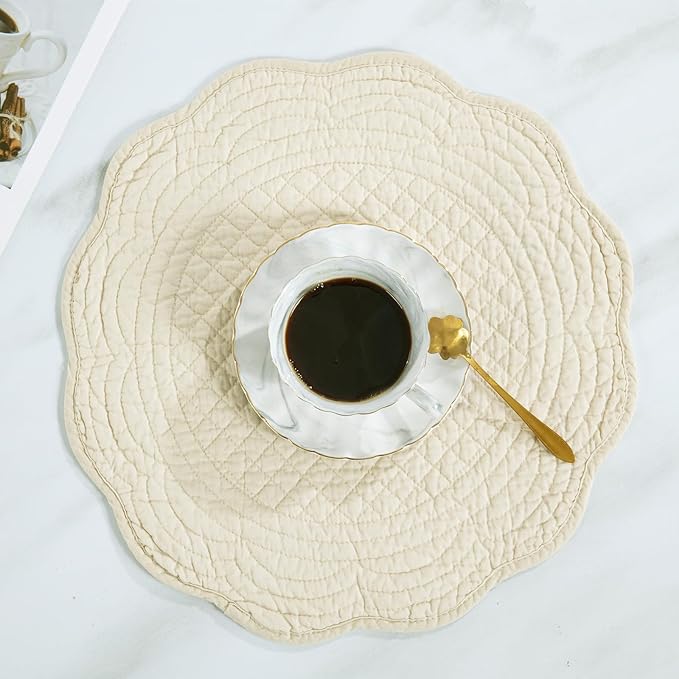 HOMBYS Quilted Placemats Set of 6 Washable Round Placemats for Kitchen Table-100% Cotton Fabric 14 Inch Round Table Mats, Cotton Fabric with Microfiber Filling, (14"x14", Flax)