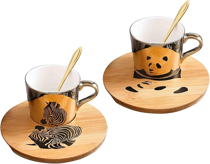 ABHOME Large Mirror Cup and Saucer Set 8.5 oz Panda Gift Ceramic Animal Espresso Cups with Saucers and Spoon 8 Ounce, Tea Coffee Cup with Spoon and Wood Saucer, Set of 2, Golden