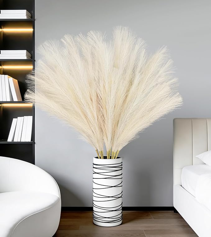 TORONTOKYO 8Pcs Beige Faux Pampas Grass Tall Decor, 35.4” Fluffy Artificial Pompous Grass Branches, Large Pampas Grass Reed Stems for Floor Vase Filler, Wedding, Baby Shower, Home Boho Decor