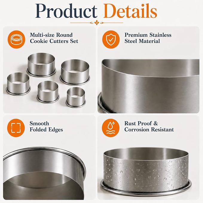 Biscuit Cutters, Round Cookie Cutters/Stainless Steel Dumpling Skin Cutters/Cake Pastry Cutters/Cake Cookie Scone Cutters Molds stamps for Cooking Baking (5Pcs, Plain Edge)