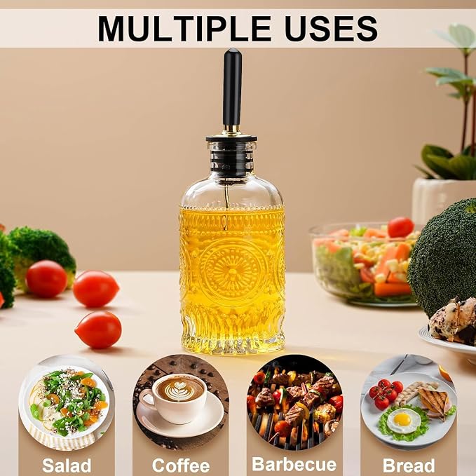 gegewawa Olive Oil Dispenser Bottle for Kitchen with Metal Spout, Glass Oil Bottles 7OZ, Elegant Glass Cooking Dispenser for Kitchen