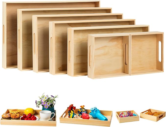 PONGJA Wooden Serving Trays with Handle - 7 Pieces Unfinished Wood Nested Breakfast Food Serving Trays for Craft Kids Montessori Snacks Home Decor Kitchen Party Dinner