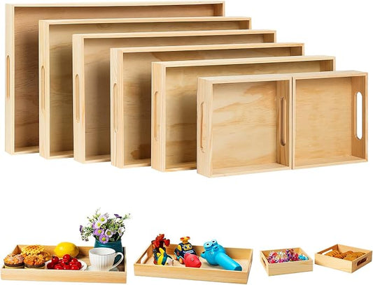 PONGJA Wooden Serving Trays with Handle - 7 Pieces Unfinished Wood Nested Breakfast Food Serving Trays for Craft Kids Montessori Snacks Home Decor Kitchen Party Dinner
